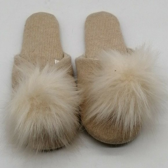 Express Womens Slip On Scuff Slippers Beige Knit Faux Fur Pom Pom S 5-6‎ - Picture 4 of 9